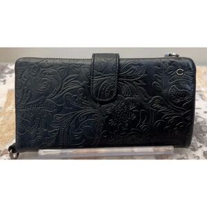 Wild West Los Angeles black hand tooled leather wallet/wristlet
